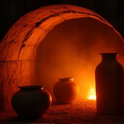 Interior shot of a kiln with glowing ceramic pieces inside during firing, representing permanence and transformation.